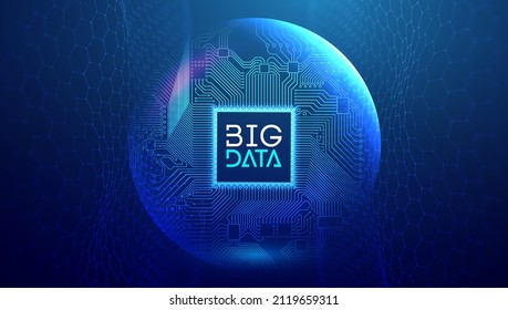 Electronic Circuit Board In Sphere Shield. Big Data And Data Science Blue Technology Network Vector Illustration With Hexagonal Wave Background.