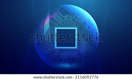 Electronic circuit board in sphere shield. Blue technology network vector illustration with hexagon wave. Network connection background.