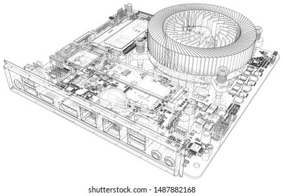 Electronic circuit board. Vector illustration. Wire-frame. Tracing illustration of 3d.