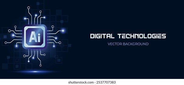 Electronic circuit chip processor, Smart technology artificial intelligence AI, Vector illustration icon gradient blue. Banner IT technology artificial intelligence.