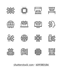 Electronic circuit and chips vector icon set in thin line style