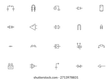 Conjunto de ícones de linha de componentes de circuito eletrônico. Ilustração vetorial de símbolos de engenharia elétrica, resistor, capacitor, diodo, transistor e elementos esquemáticos