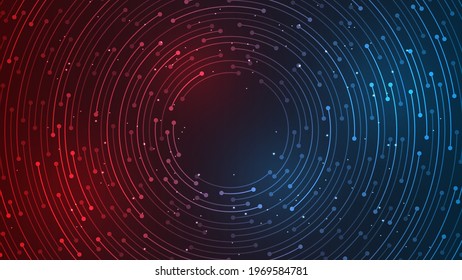 The electronic circuit design is circular and decorated with sparkling lights on a two-color background.