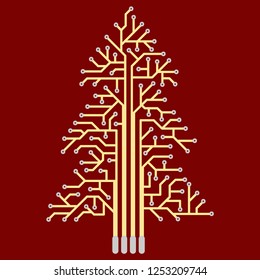 The electronic circuit in the form of Christmas tree. Festive atmosphere pattern for New Year postcards in technical style.