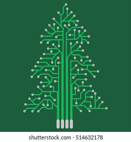 The electronic circuit in the form of Christmas tree. Festive decoration in the technical style.