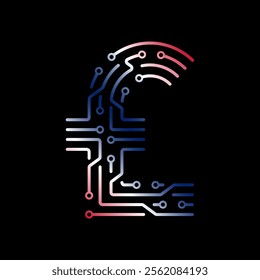 Electronic circuit forming a pound symbol representing the digital pound and Great Britain's role in global finance