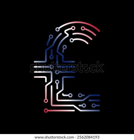 Electronic circuit forming a pound symbol representing the digital pound and Great Britain's role in global finance