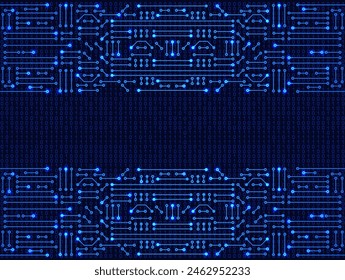 Marco Electrónica del circuito en el fondo del código binario. Concepto de alta tecnología. Anuncio digital.