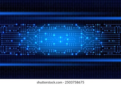 Marco de circuito Electrónica sobre fondo de código binario. Concepto de alta tecnología. Anuncio digital.