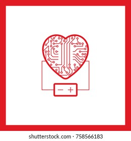 electronic circuit heart with battery line vector icon