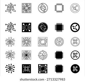colección de iconos de circuito Electrónica. Procesador de chip de placa de circuito eléctrico. Símbolo de contorno del procesador de la computadora del chipset.