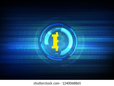 Electronic circuit inside bitcoin symbol with binary symbol on blue background