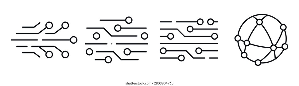 Electronic circuit lines connecting nodes on white background. Editable stroke