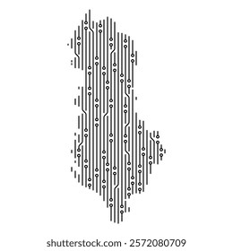 Electronic circuit lines and dots creating Albania map, symbolizing digitalization, technology and innovation