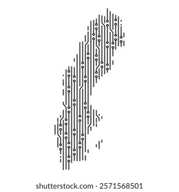 Electronic circuit lines and dots forming Sweden map on white background, representing digitalization, technology and innovation