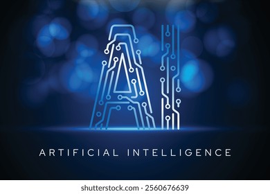 Electronic circuit lines are forming AI lettering representing machine learning and artificial intelligence