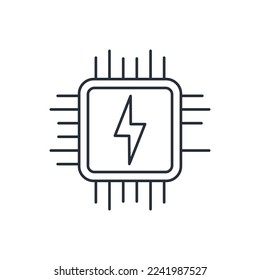 Electronic circuit microchip with energy.Vector linear icon isolated on white background