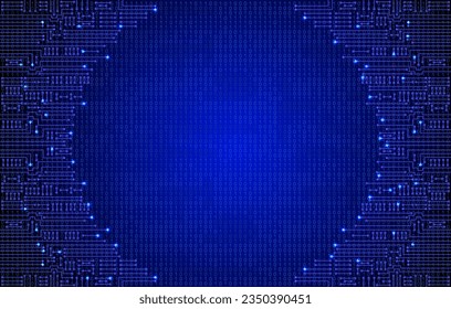 Electronic circuit on binary code background. High tech concept. Digital round frame.