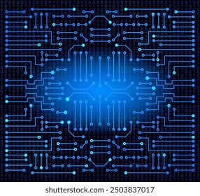 Circuito Electrónica sobre fondo de código binario. Concepto de alta tecnología. Anuncio digital.