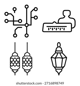 Electronic Circuit Path, User Profile with Interface Bar, and Traditional Ramadan Lanterns Outline Icons Set
