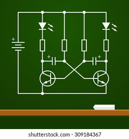 electronic circuit scheme on chalk board background. School vector illustration. Scientific drawings