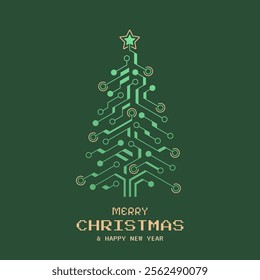 Electronic circuit shaped like Christmas tree. Merry Christmas, New Year congratulations in tech design. Vector illustration