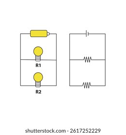 Electronic circuit symbols. Parallel circuit connection, Vector illustration isolated on white