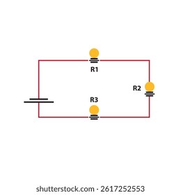 Electronic circuit symbols. Three lamp series circuit connection, Vector illustration isolated on white