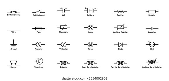 Electronic circuit symbols vector icon set. Electronic components. Schematic circuit diagrams. Switch, Cell, Battery, Resistor, Capacitor, Inductor, Wire, Fuse, Thermistor, Transistor, Lamp, Diode.