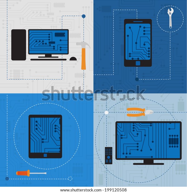 Electronic circuit of\
technological devices. Electronic circuit of technological devices\
like tablet, smarthphone, tv, personal computer, plus tools.\
