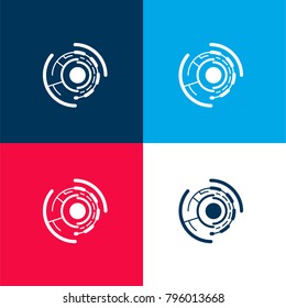 Electronic circular printed circuit four color material and minimal icon logo set in red and blue