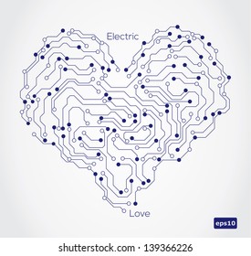 Electronic circut board in shape of heart. Vector illustration