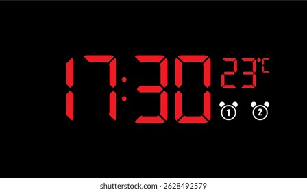 Electronic Clock Display Showing 17:30 Hours and 23 Degrees Celsius, Alarm Clock Interface with Red LED Digits on a Black Background Screen