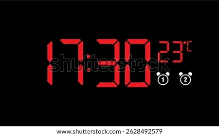 Electronic Clock Display Showing 17:30 Hours and 23 Degrees Celsius, Alarm Clock Interface with Red LED Digits on a Black Background Screen
