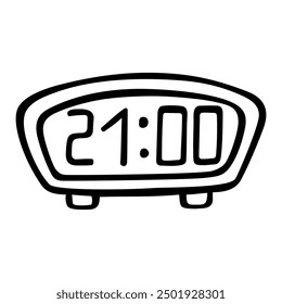 Electronic clock hand drawn doodle. Time to sleep. Vector outline line art illustration.