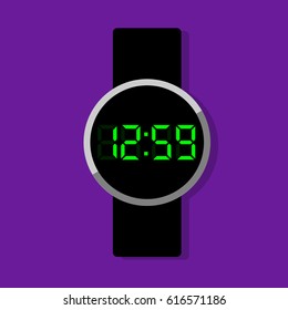 Electronic clock icon with green digital numbers on violet background. Wrist watch showing time 12:59. Vector illustration
