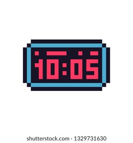 Electronic clock pixel art icon. Design for logo, web, mobile app, sticker, badges and patches. Video game sprite. 8-bit. Watch isolated vector illustration. 