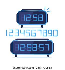 Electronic clock scoreboard. Numbers hours minutes seconds flat style dark colors.