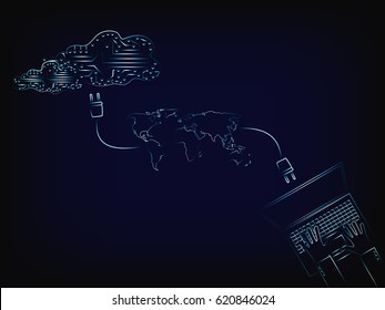 electronic cloud connected to a laptop through global network, concept of cloud computing storage (vector on mesh background with light streak effect)