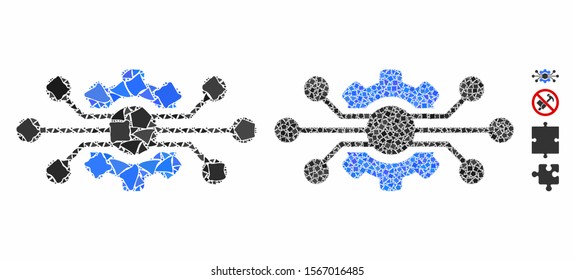 Electronic cog composition of rough pieces in various sizes and color tints, based on electronic cog icon. Vector rugged pieces are combined into composition.