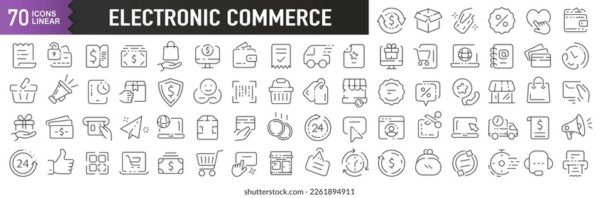 Electronic commerce black linear icons. Collection of 70 icons in black. Big set of linear icons