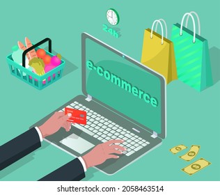 Electronic commerce buy and sell vector man typing on notebook. Businessman hand holding plastic card, goods in basket and package, 24 hour e-commerce