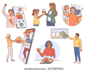 Electronic commerce. Buyers of goods through mobile app, people shop online, selection and payment of goods, sales, discounts, smartphone screen cartoon flat style isolated vector set