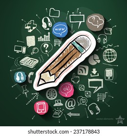 Electronic commerce collage with icons on blackboard. Vector illustration