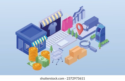 Electronic commerce concept with people, plastic card, delivery service, smartphone screen elements.on blue background.3D design.isometric vector design Illustration.