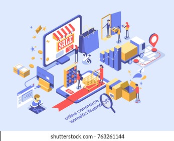 Electronic commerce concept with people, plastic card, delivery service, smartphone screen elements. Online shopping isometric illustration.