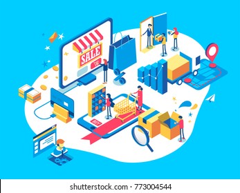 Electronic commerce concept with people, plastic card, delivery service, smartphone screen elements. Online shopping isometric illustration.