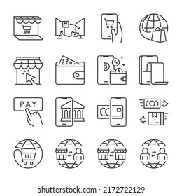 Electronic Commerce Icons Set. Virtual Money, Electronic Finance. Currency Transfer From Client To Client, Business To Business, Linear Icon Collection. Line With Editable Stroke