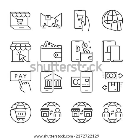 Electronic commerce icons set. Virtual Money, Electronic Finance. Currency transfer from client to client, business to business, linear icon collection. Line with editable stroke