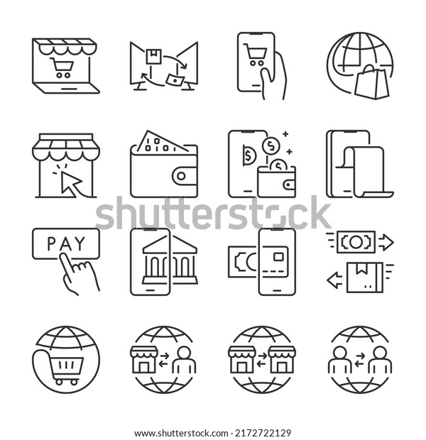 Electronic commerce\
icons set. Virtual Money, Electronic Finance. Currency transfer\
from client to client, business to business, linear icon\
collection. Line with editable\
stroke